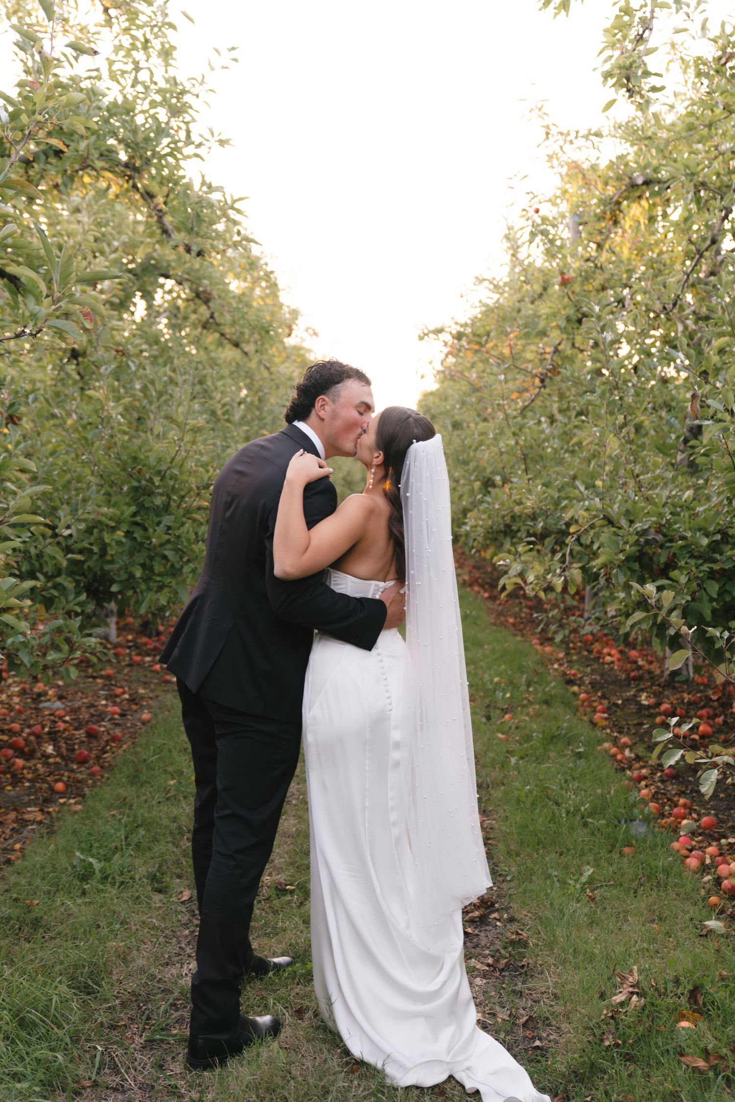 Romantic wedding couple shares intimate moments in an apple orchard setting.