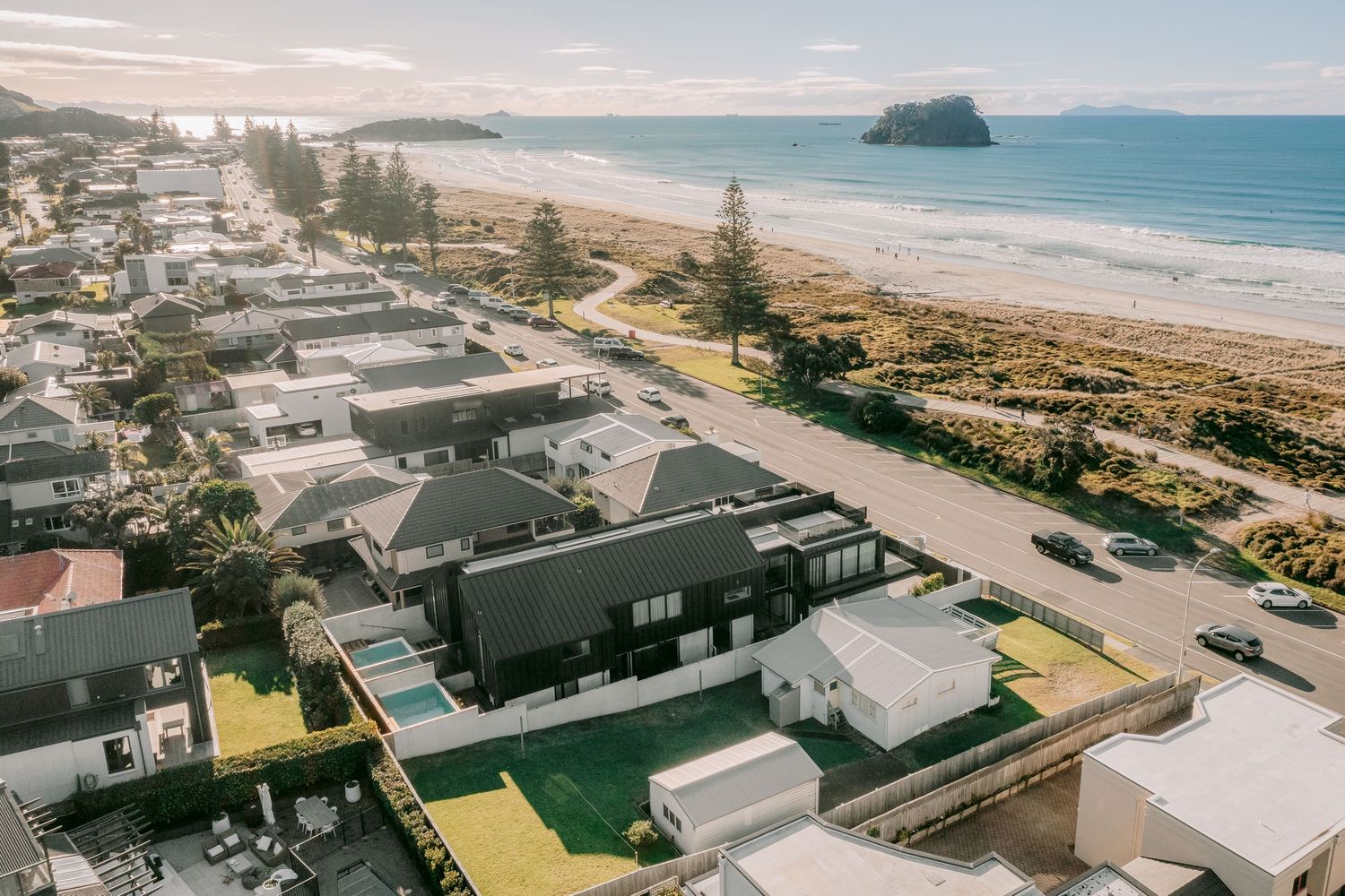 Coastal beachfront properties with modern designs overlooking pristine sandy beach and ocean views.
