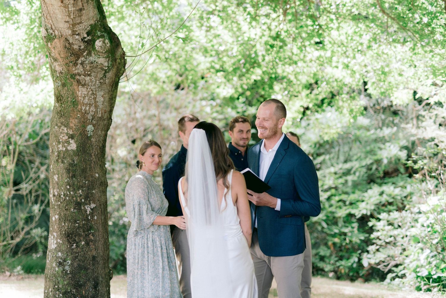 An outdoor wedding ceremony takes place under the shade of a large tree.