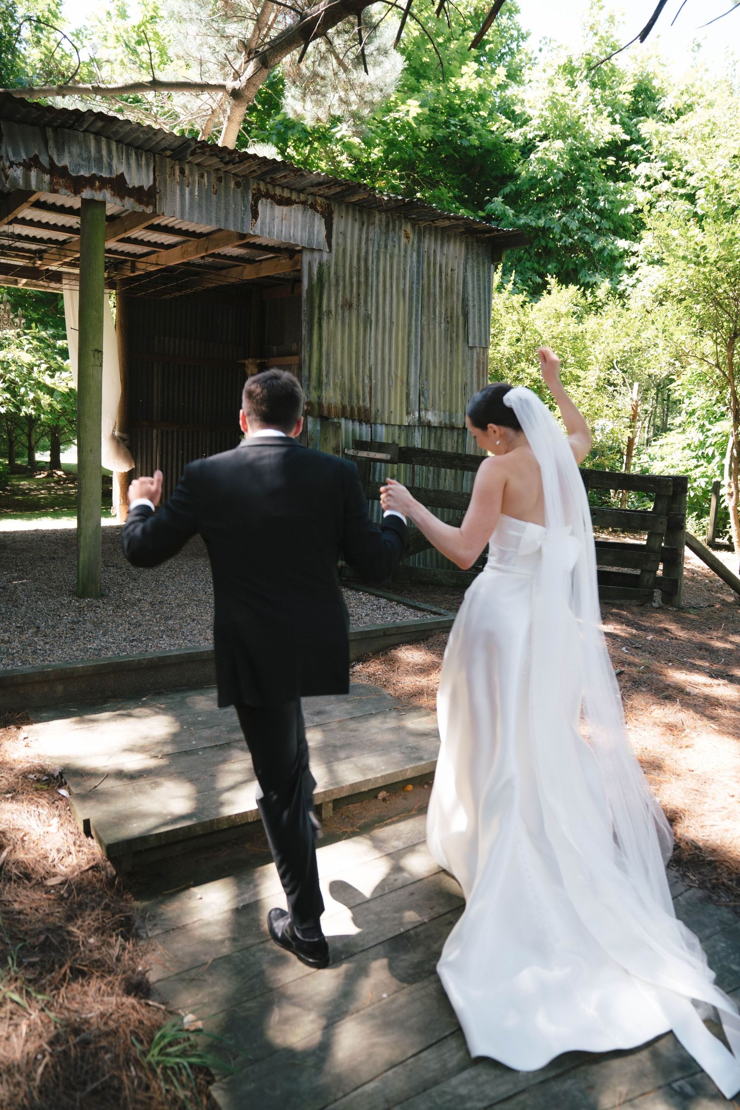 A wedding couple walks hand in hand on a rustic wooden walkway surrounded by lush greenery and dappled sunlight.