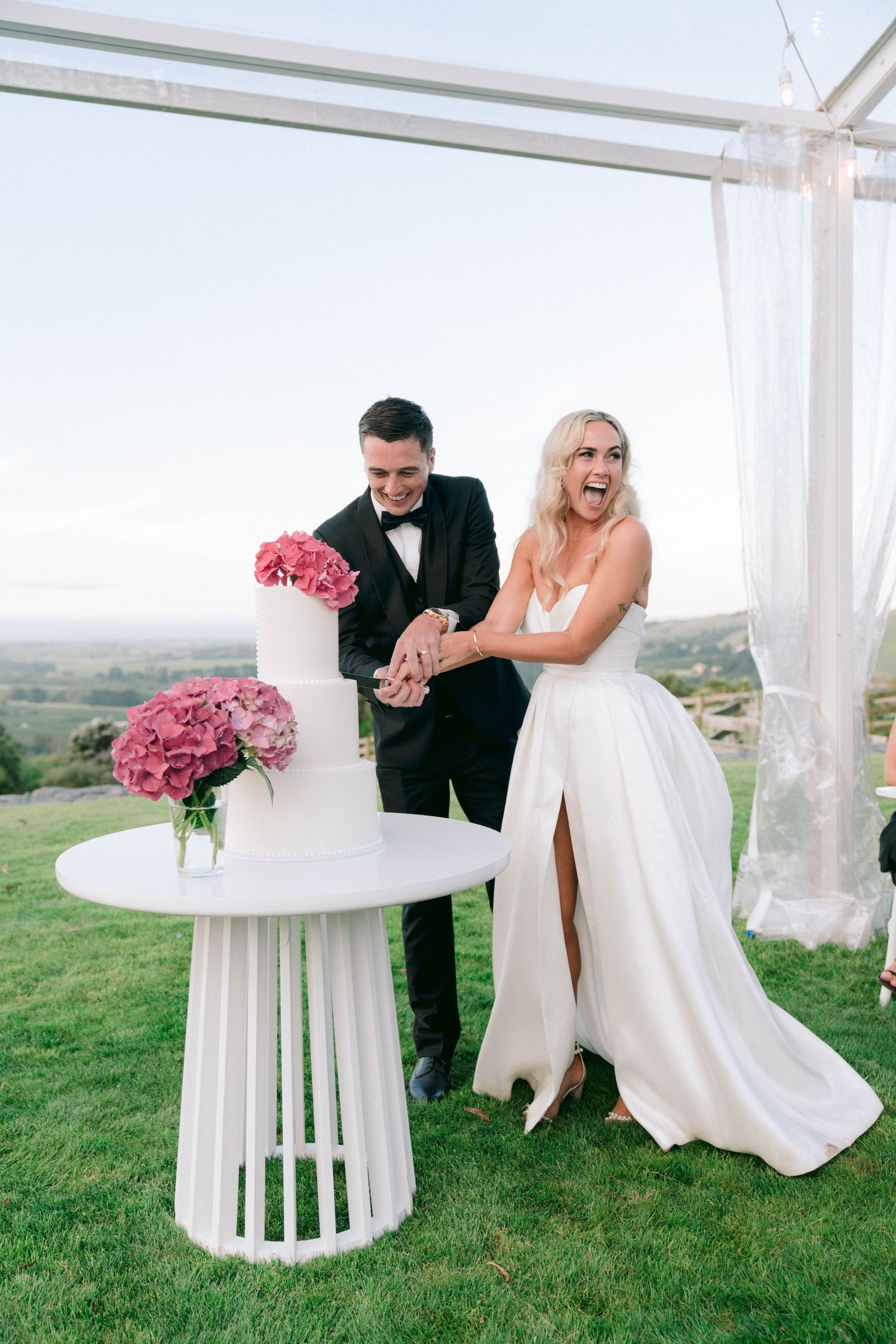 Wedding celebration at a hilltop venue with white table, pink roses and flowing bridal gown.