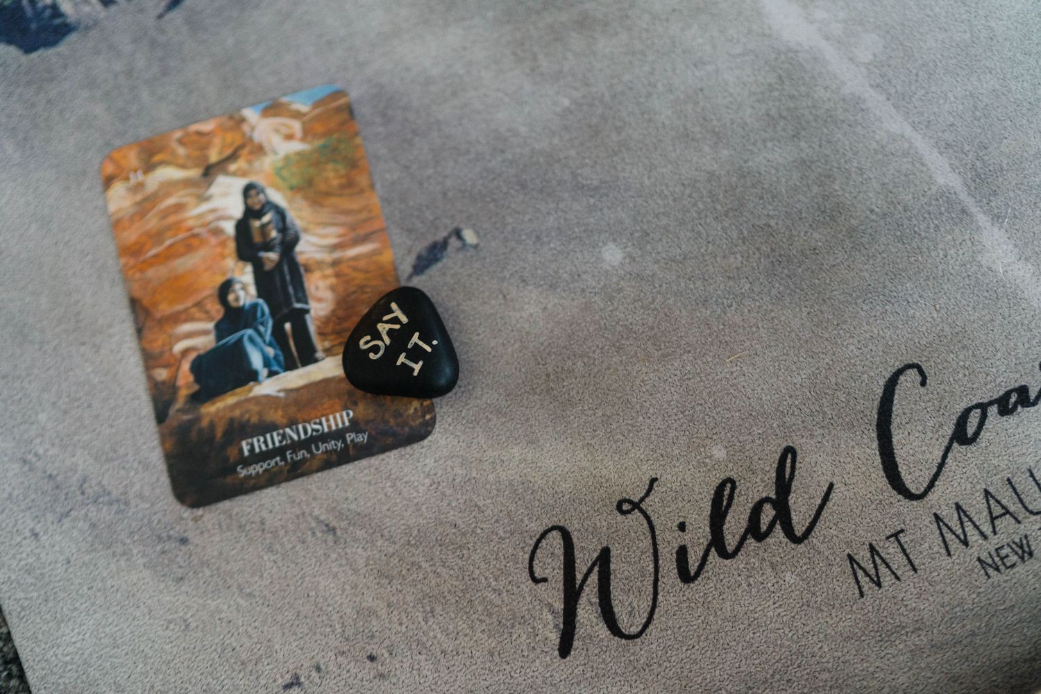Wild Coast tarot card and pick displayed on textured gray surface.