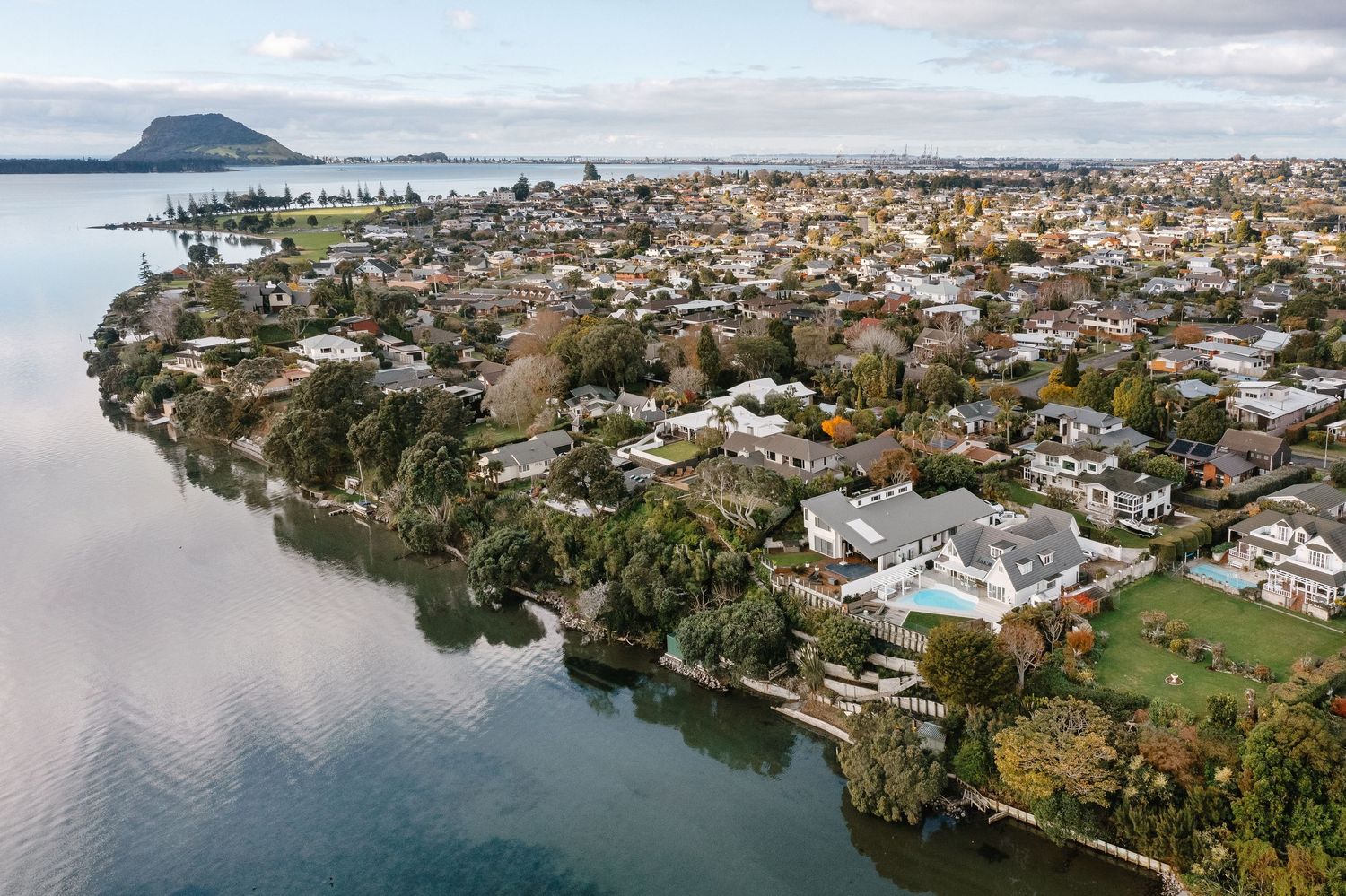 Panoramic aerial view of coastal town with houses along the waterfront.