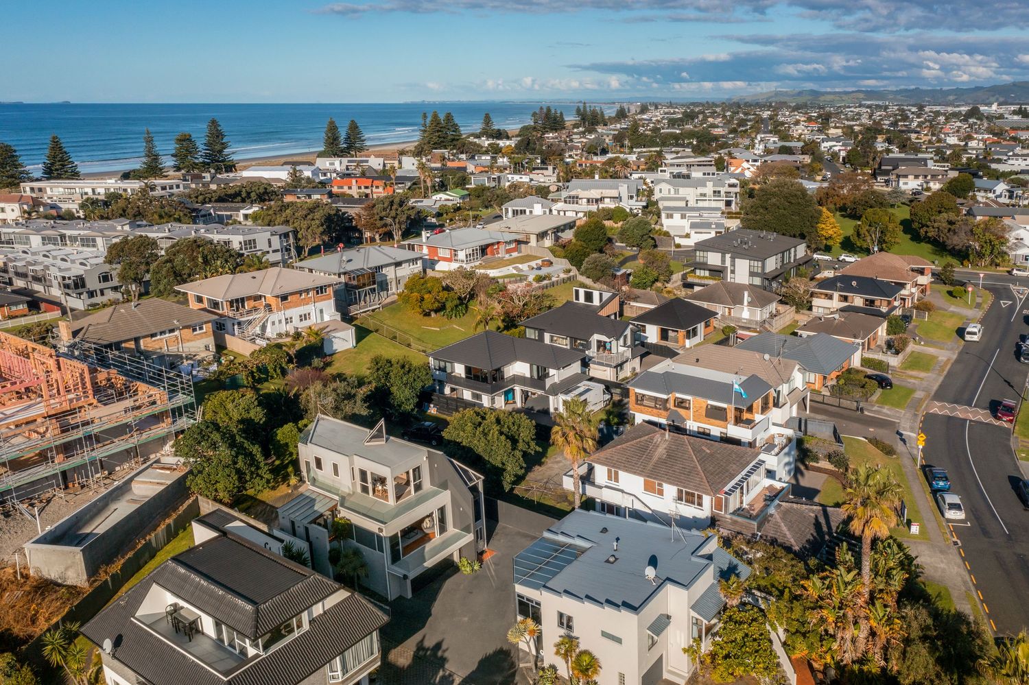 Aerial view of coastal suburban neighborhood with residential homes near the ocean.