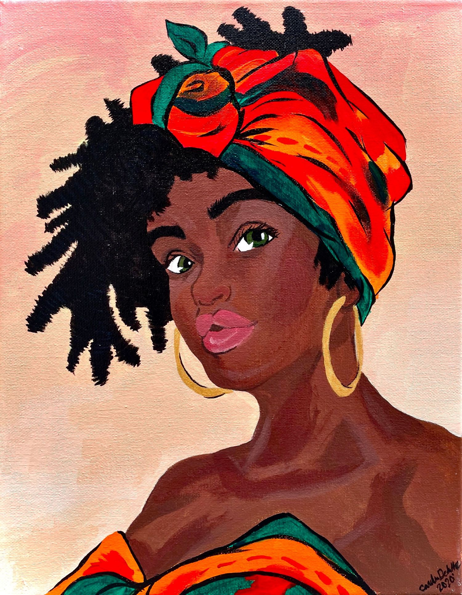 Hand painted Acrylic on canvas painting. Colorful figure of Caribbean woman wearing a red and orange headwrap with gold hoop earrings.