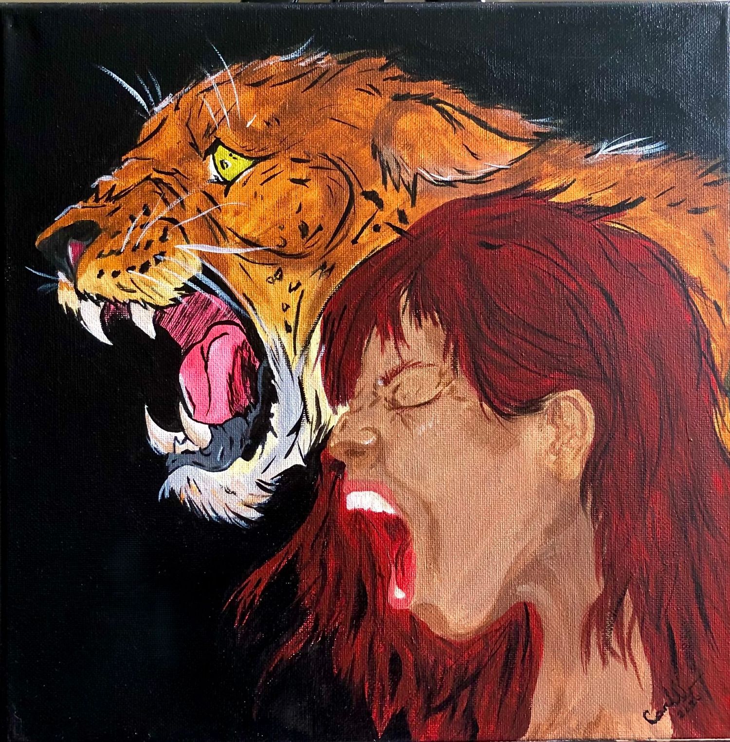 Hand painted Acrylic on canvas painting. Fierce orange tiger roaring beside a dramatic expression against dark background.