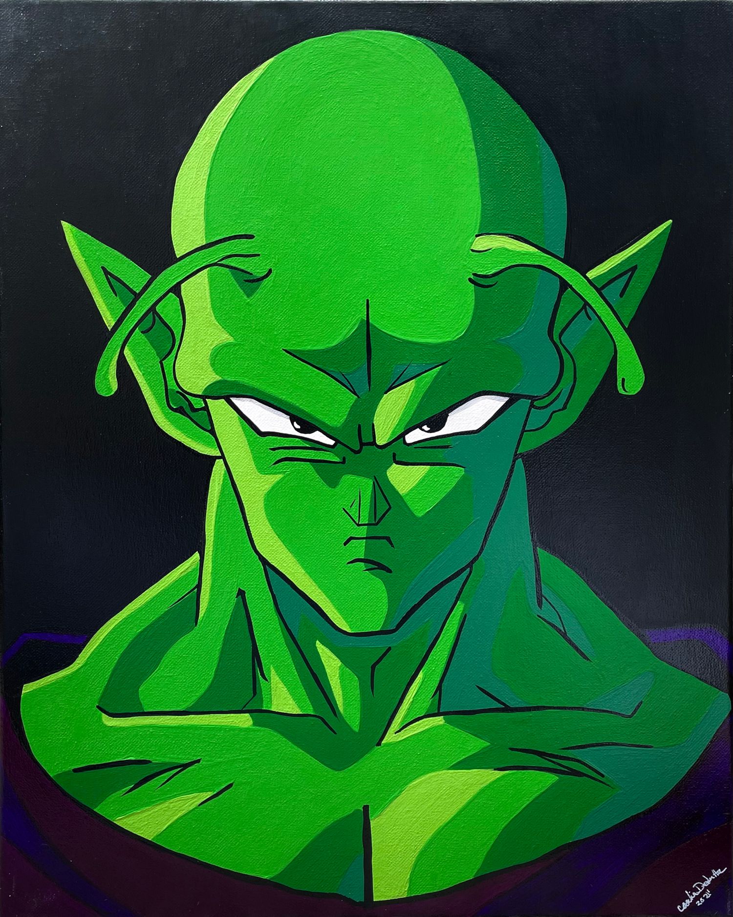 Hand painted Acrylic on canvas. A portrait of Piccolo from Dragon Ball Z stern expression against a dark background.