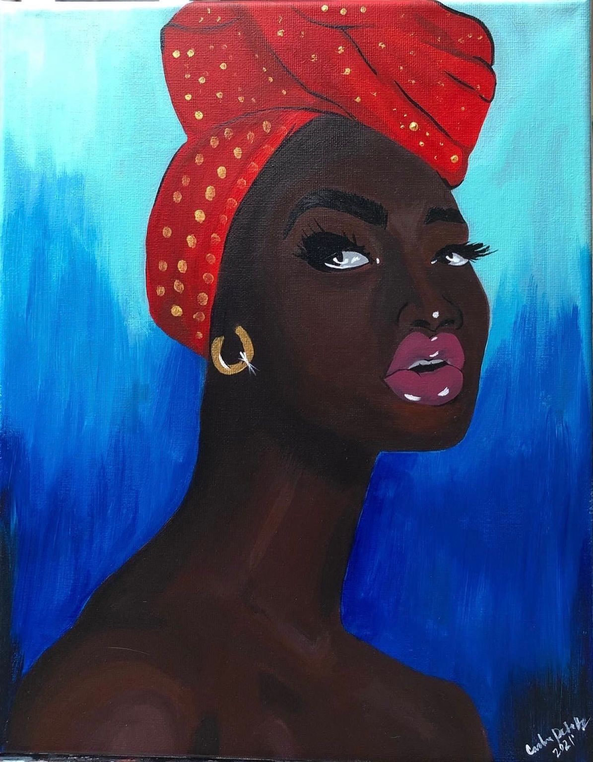 Hand painted Acrylic on canvas painting. A vibrant painting of a woman wearing a red headwrap against a blue background.