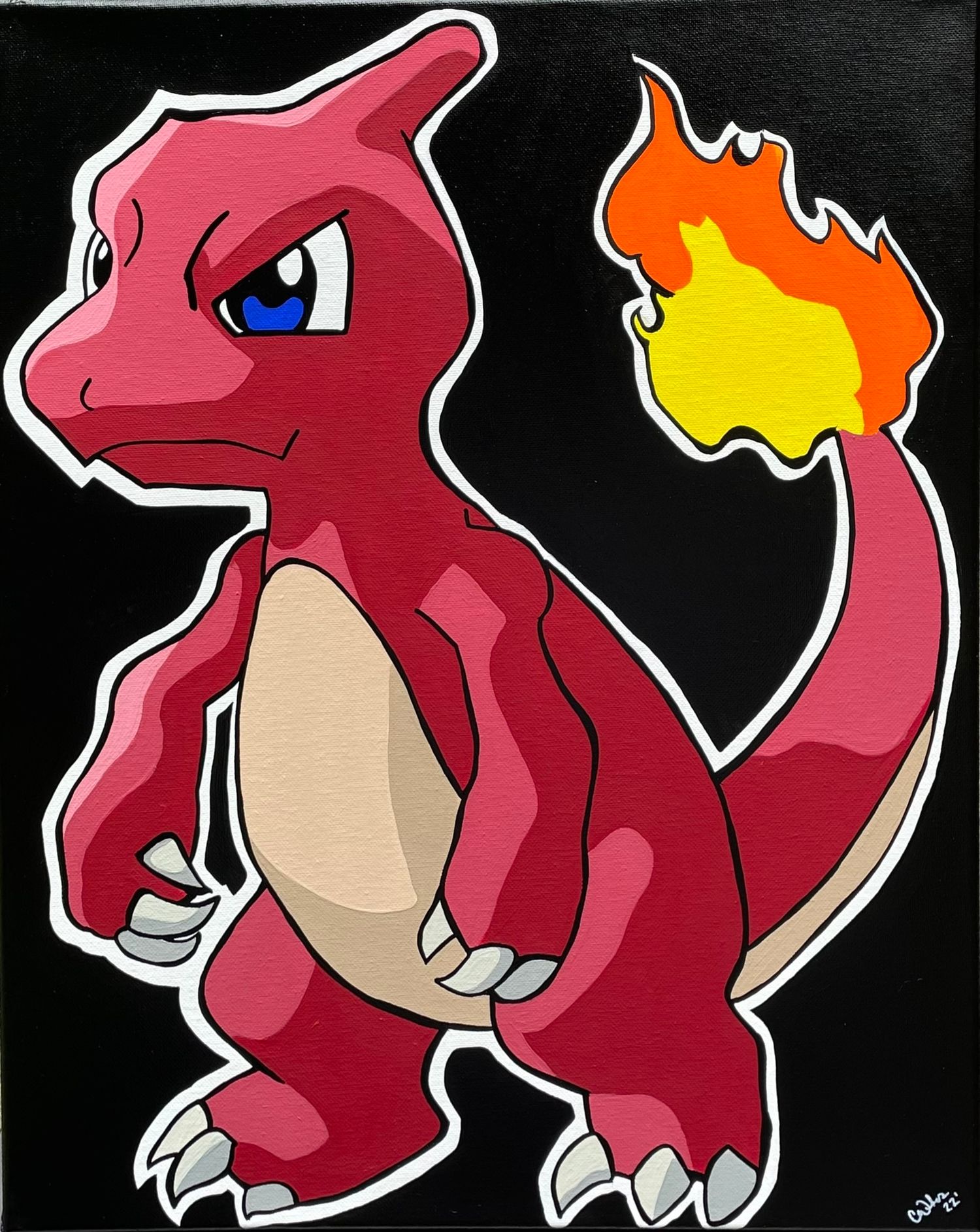 Hand painted Acrylic on canvas painting. A fierce red Charmeleon Pokemon with a flame-tipped tail illustrated against a black background.