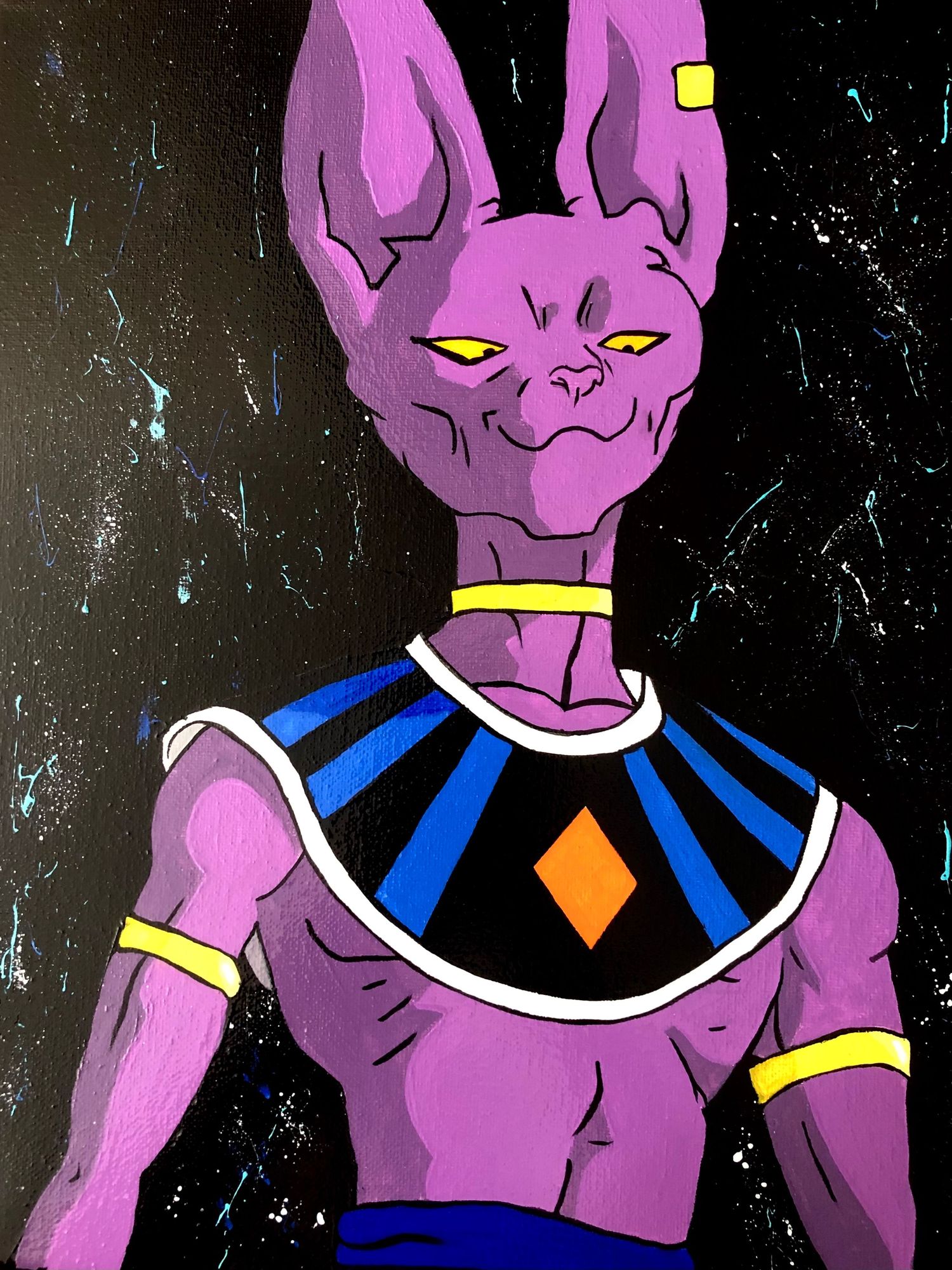 Hand painted Acrylic on canvas painting.Lord Beerus from Dragon Ball Super depicted with purple cat-like features and Egyptian-style collar.