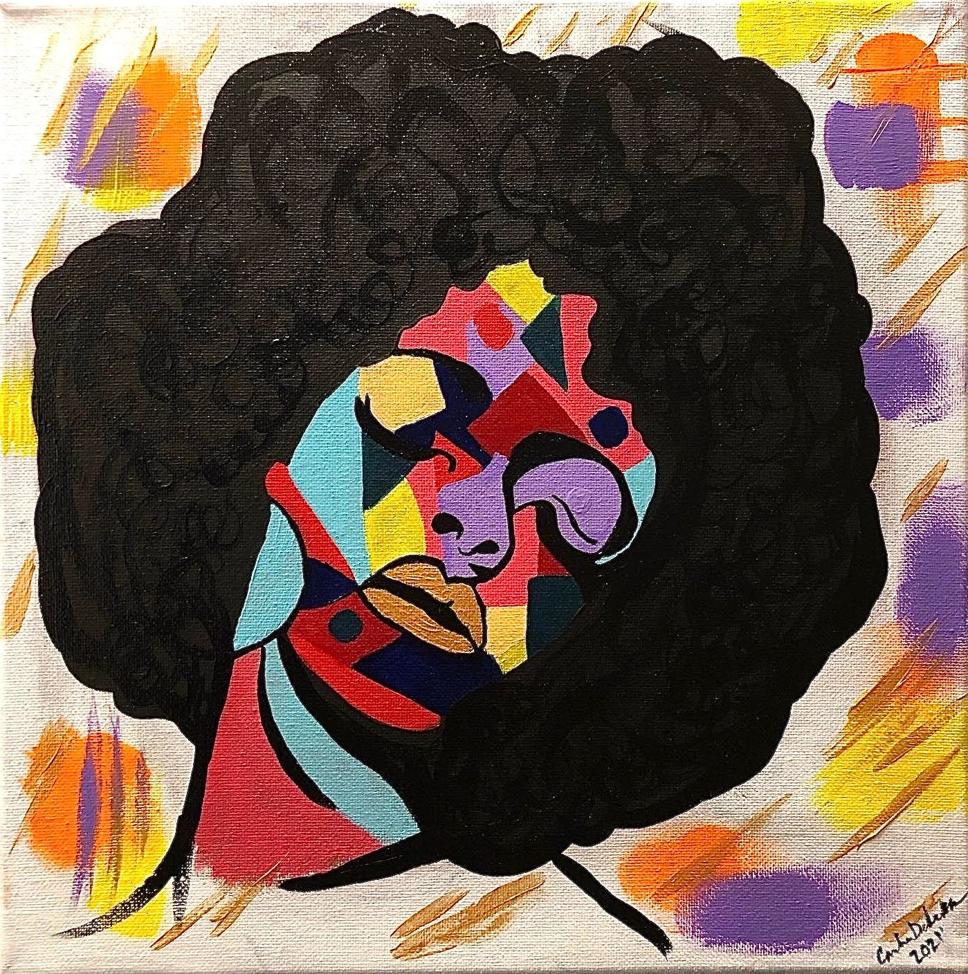 Hand painted Acrylic on canvas painting. Vibrant abstract portrait with colorful geometric shapes against black afro silhouette.