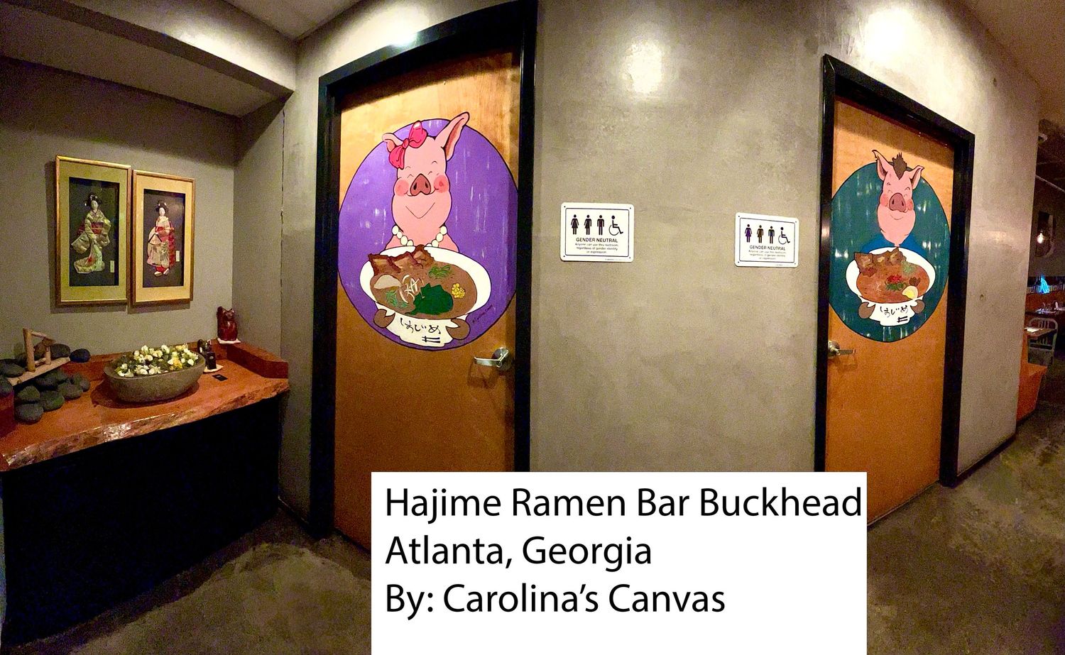 Three circular signs mounted on a wall at Hojime Ramen Bar in Buckhead Atlanta Georgia.