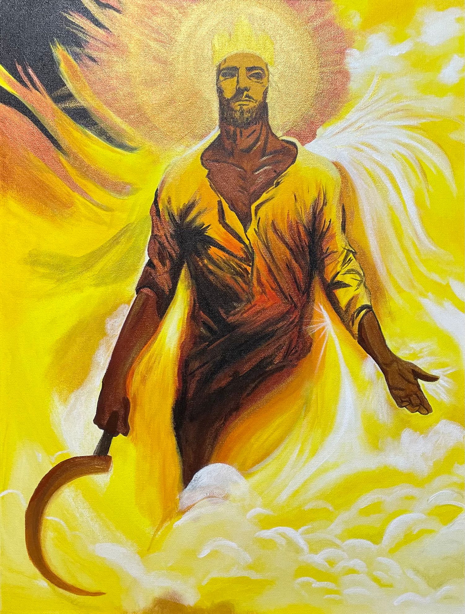 Hand painted Acrylic on canvas painting. JESUS CHRIST surrounded by warm light, clouds and wings.