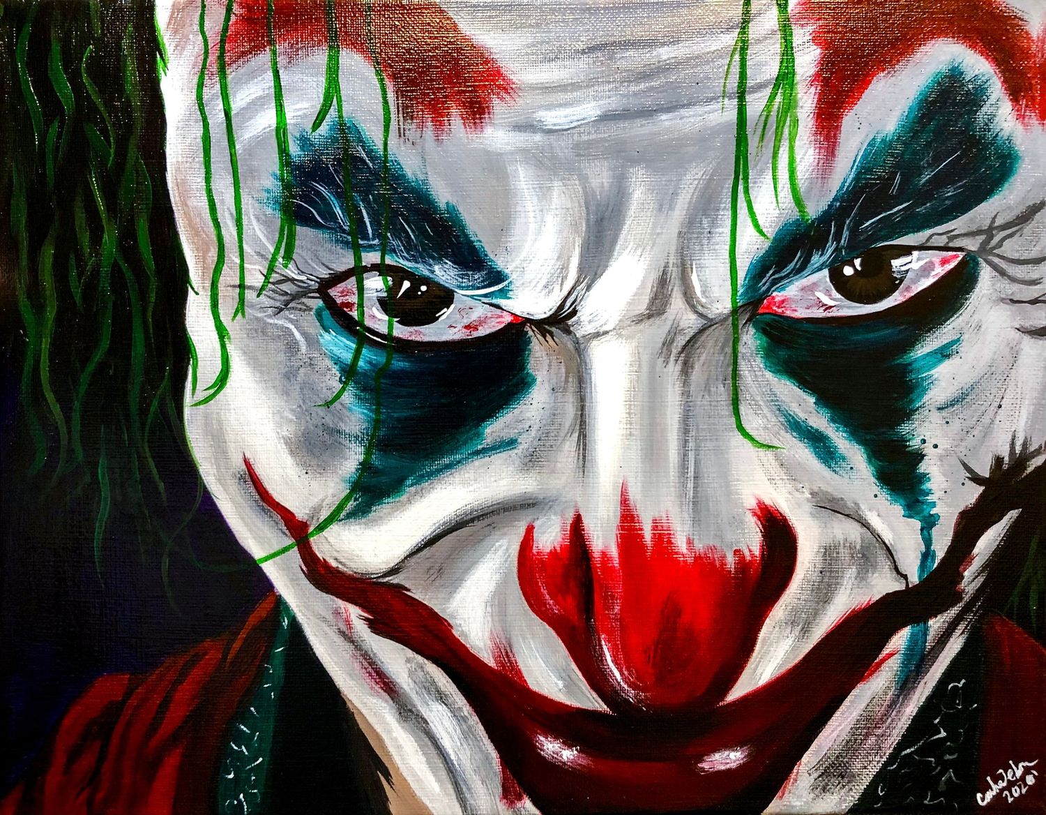 Hand painted Acrylic on canvas painting. Dark dramatic painting of The Joker against a black background.