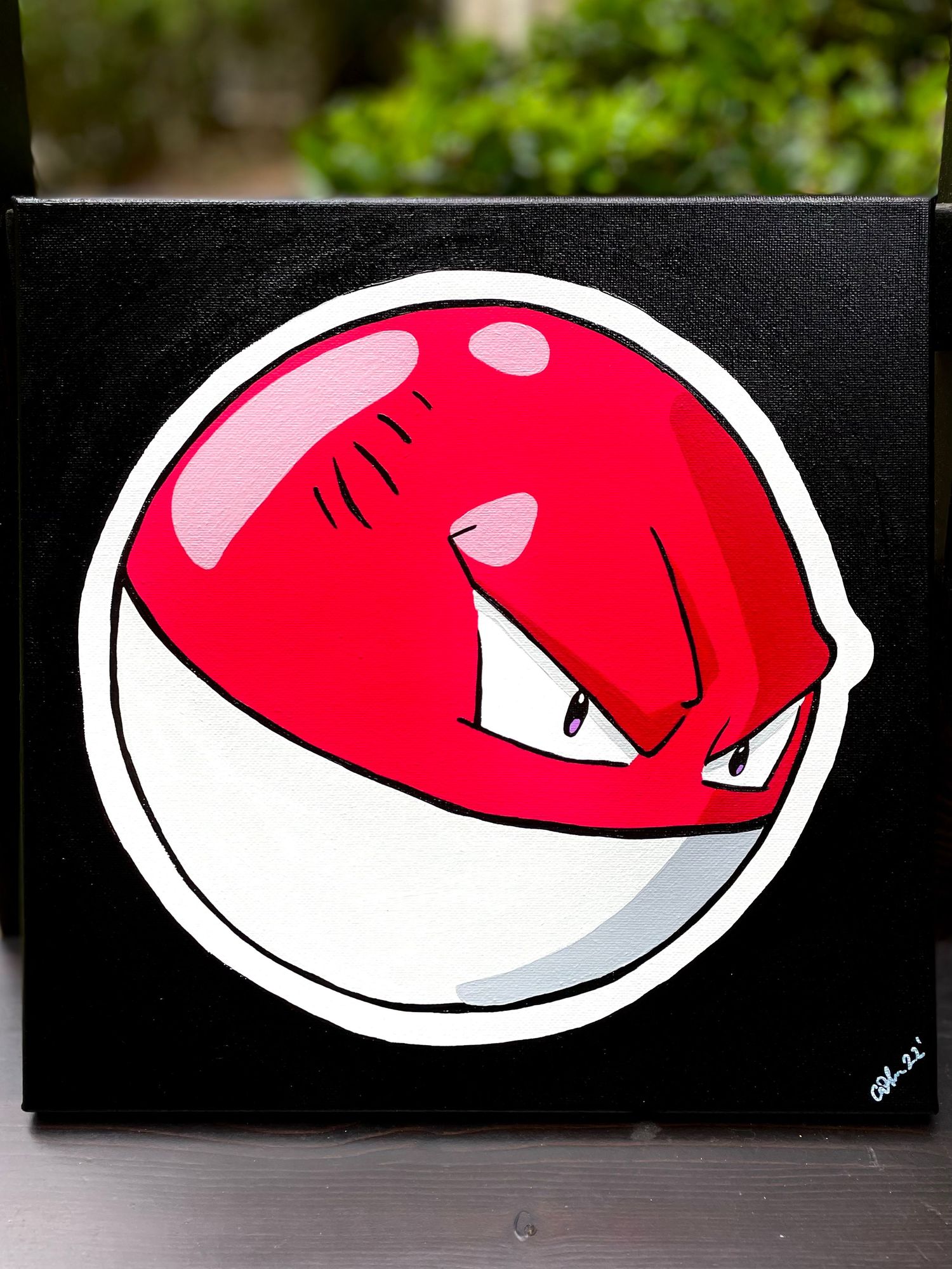 Hand painted Acrylic on canvas painting of a Voltorb Pokemon character on black canvas.