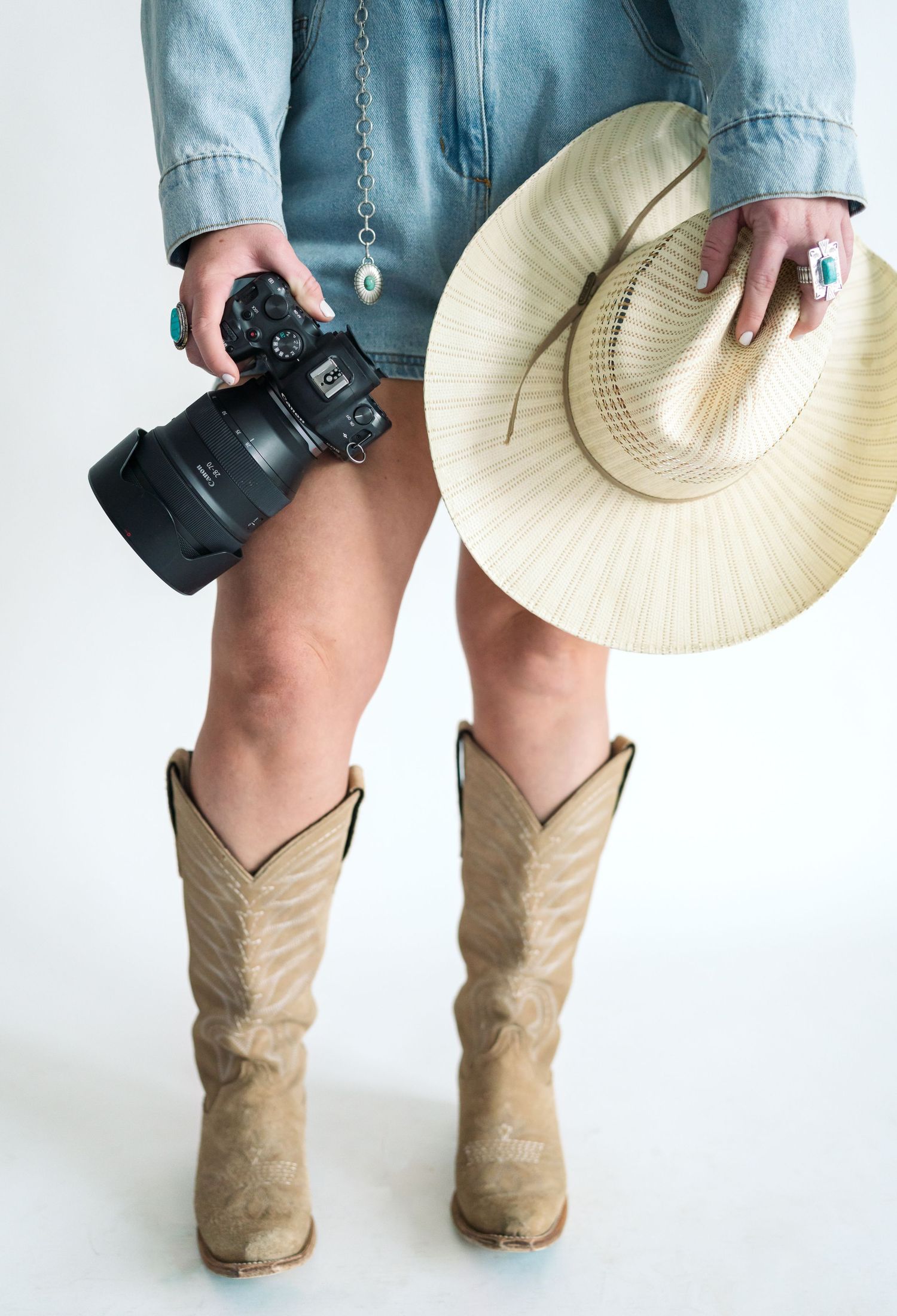 Person wearing cowboy boots and denim holds a camera and straw hat against white background.