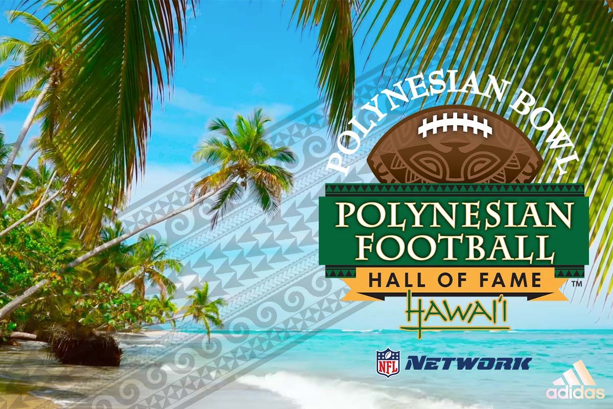 NFL Network branded Polynesian Football Hall of Fame logo against Hawaiian beach background.