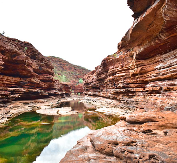 Desert canyon with turquoise water reflecting the stratified red rock formations.