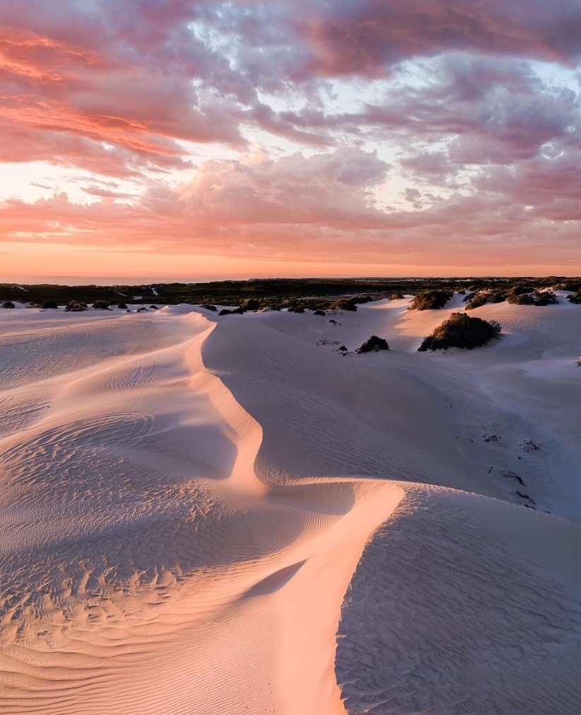 Dramatic sunset over sand dunes with pink and orange clouds reflecting on rippled sand.