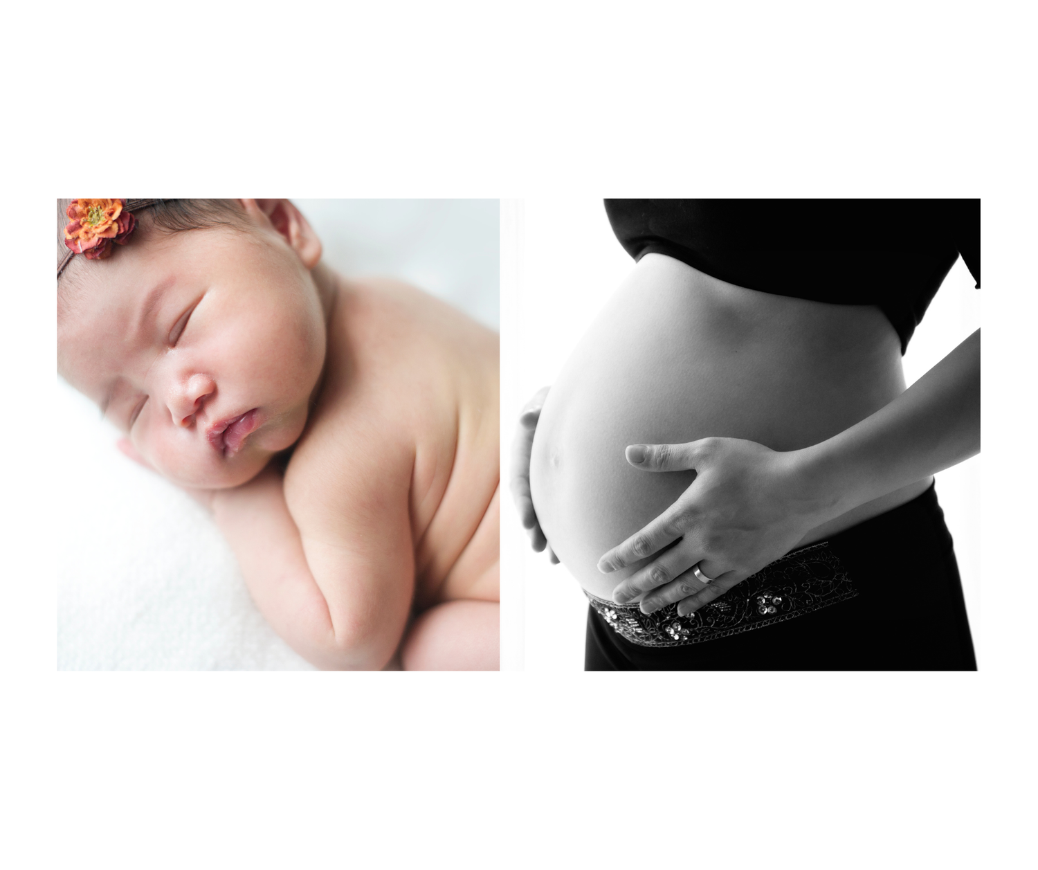 Side by side photos showing a sleeping newborn and black and white silhouette of a pregnant woman's belly. Newborn and maternity photograph