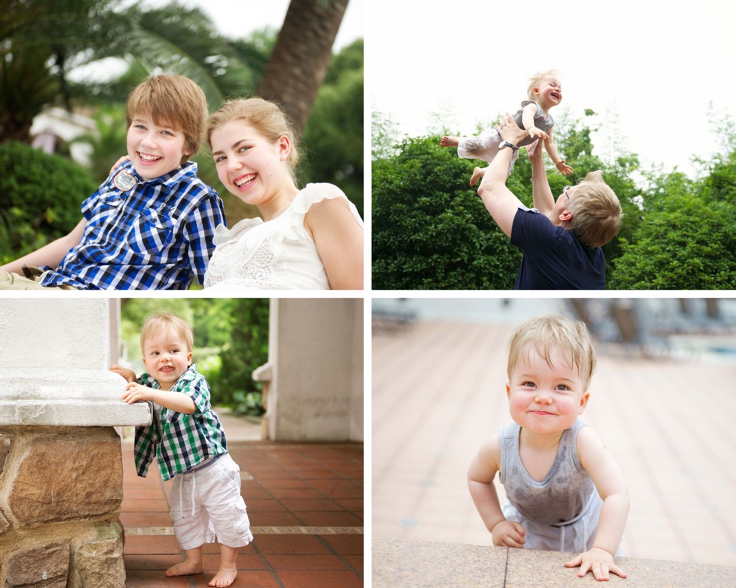 An active toddler explores the outdoors while playing and crawling on a stone patio during a sunny afternoon. Summer Family Photo Session.