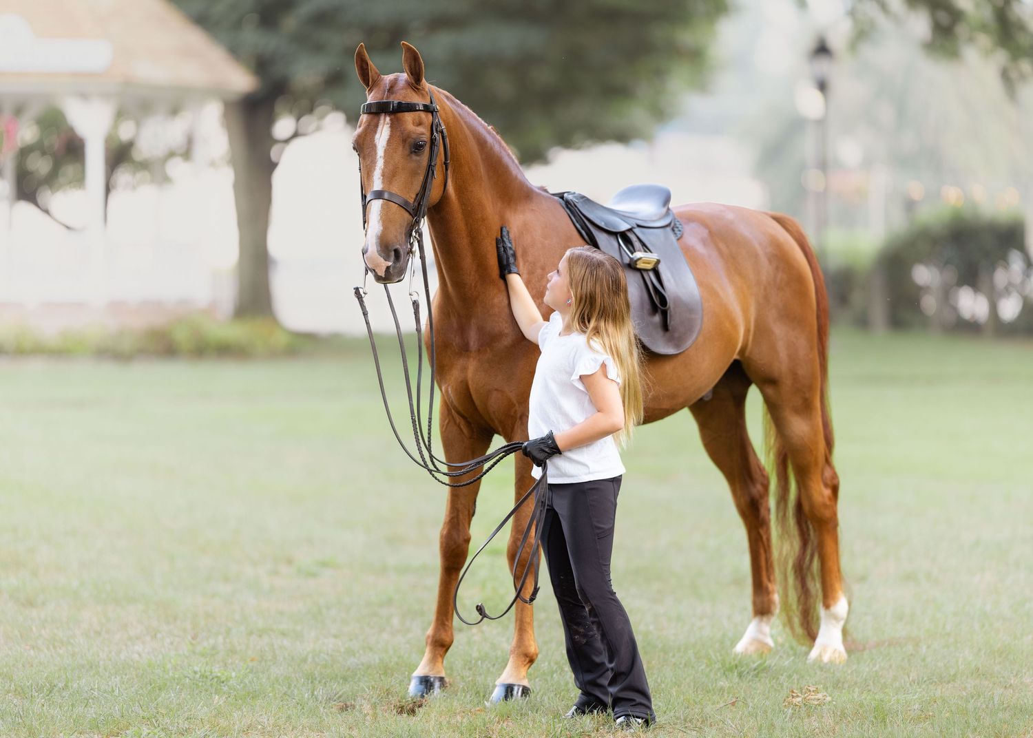 A chestnut horse wearing an English saddle stands in a grassy field while a little girl pats his shoulder.