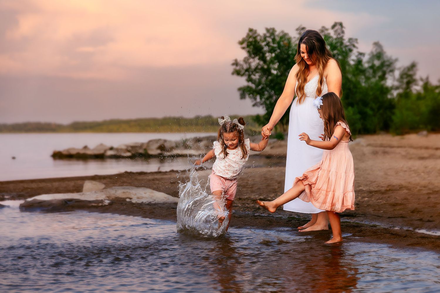 A series of dreamy sunset beach portraits showing figures in flowing dresses playing at the water's edge during golden hour at the beach.
