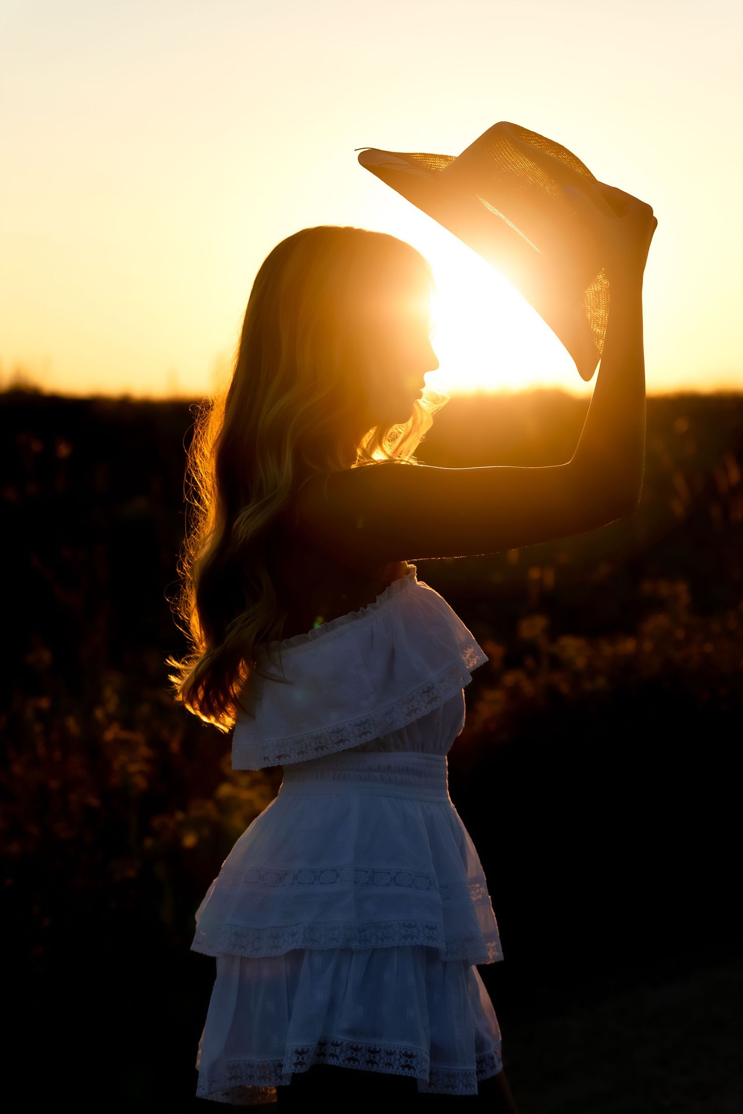 Silhouette portrait holding cowboy hat against golden sunset sky.