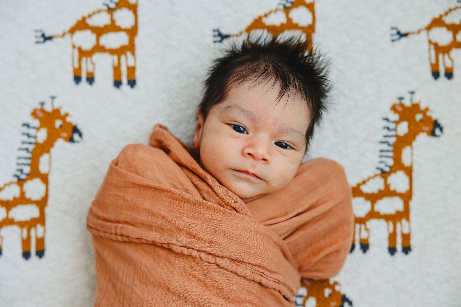 Baby swaddled in orange wrap against giraffe print background.