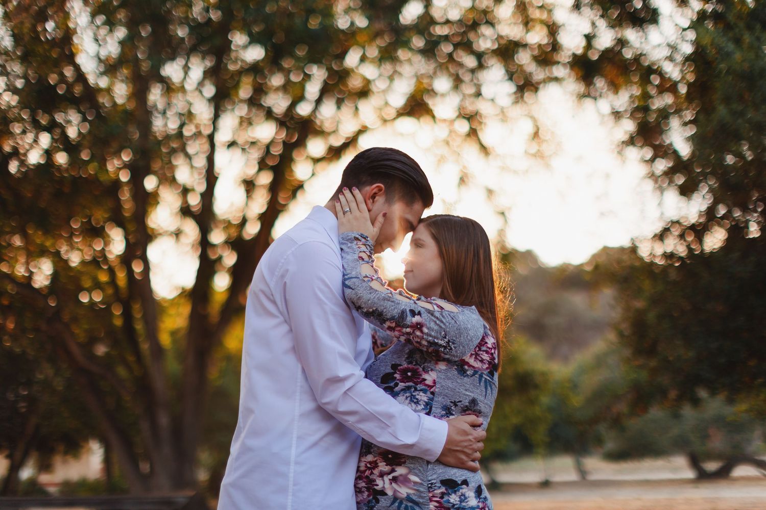 Romantic couple embracing in sunset light under trees in park setting.