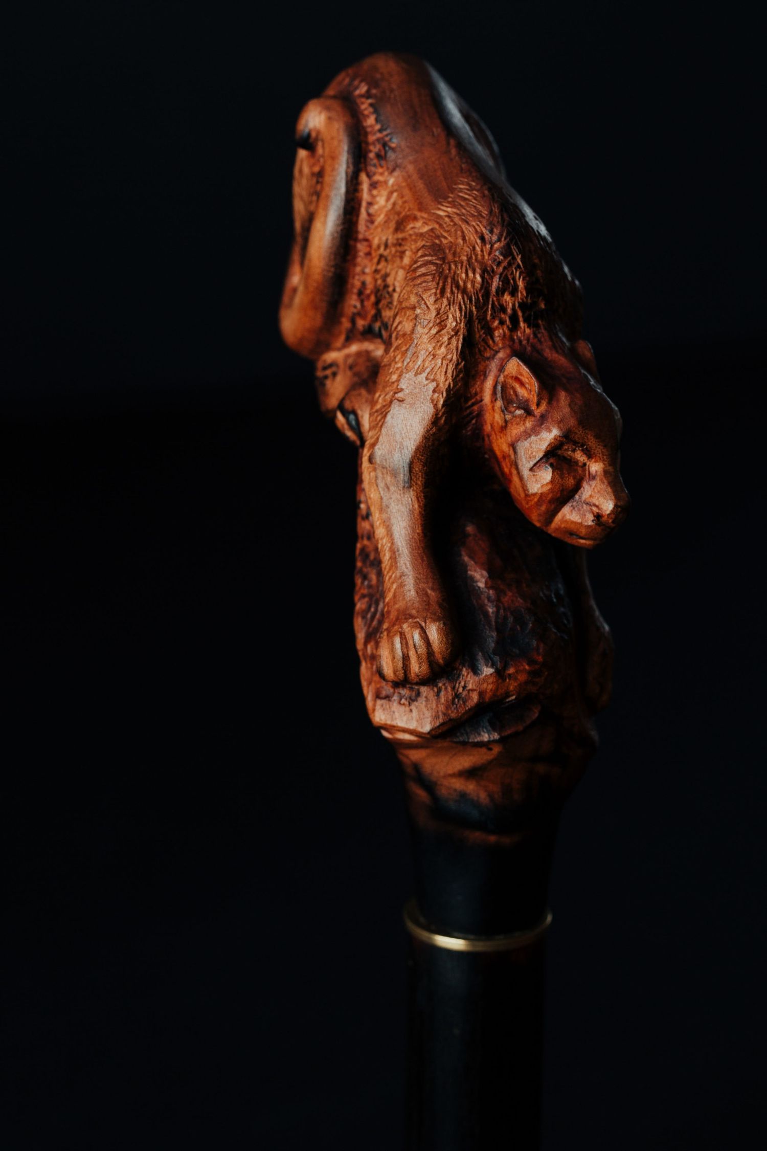 Carved wooden walking stick handle in the shape of a grotesque face captured against a dark background.