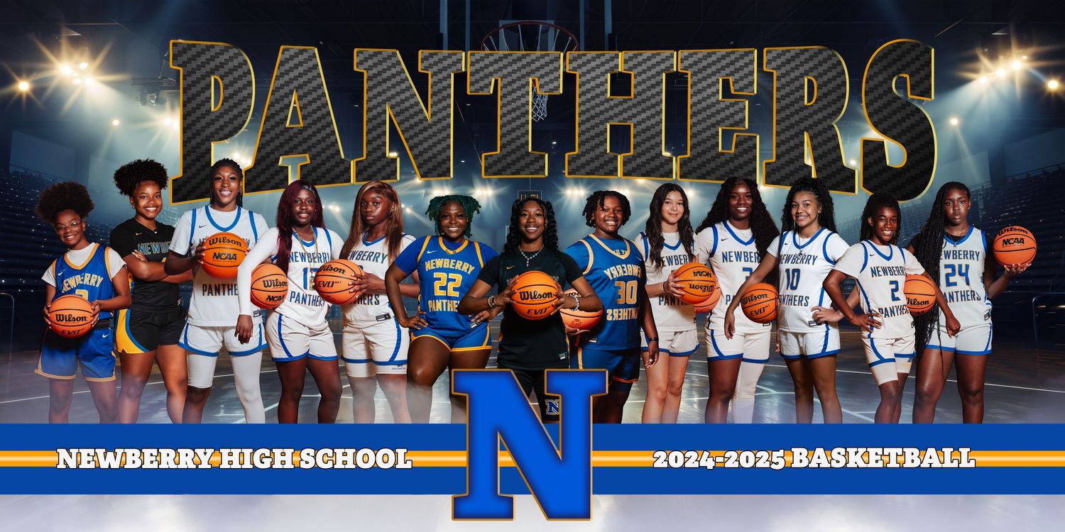 High school basketball team poses in white uniforms on court with Panthers text and dramatic lighting effects.