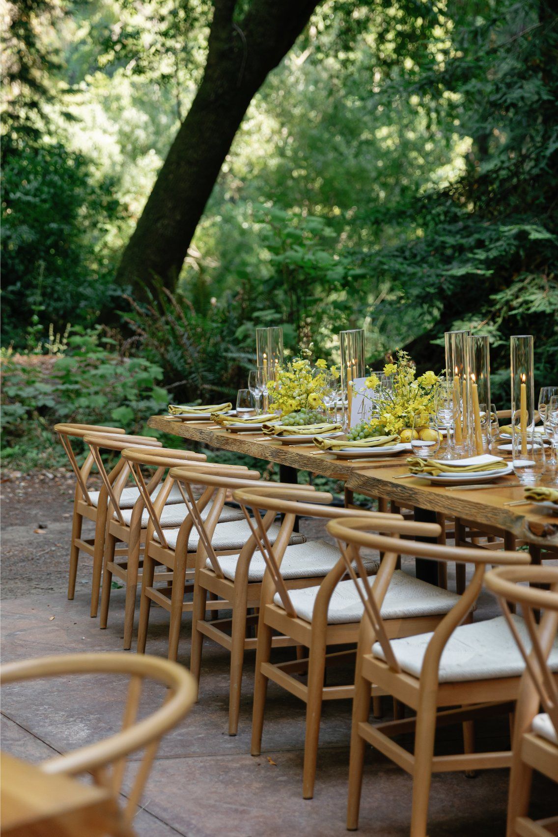 Elegant outdoor dining table with wooden chairs and yellow floral centerpieces set beneath forest canopy.