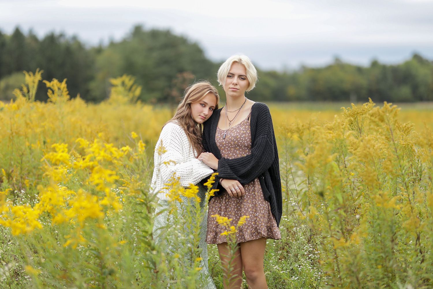 A family enjoys a tender moment together while posing in a bright yellow wildflower field on a sunny day.