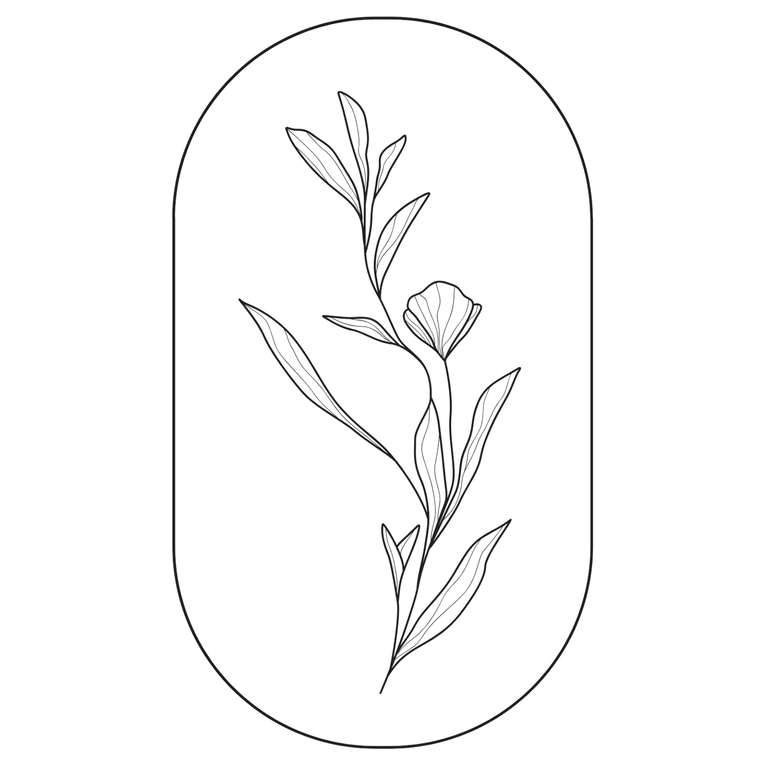 Modern minimalist floral line drawing enclosed in oval frame.