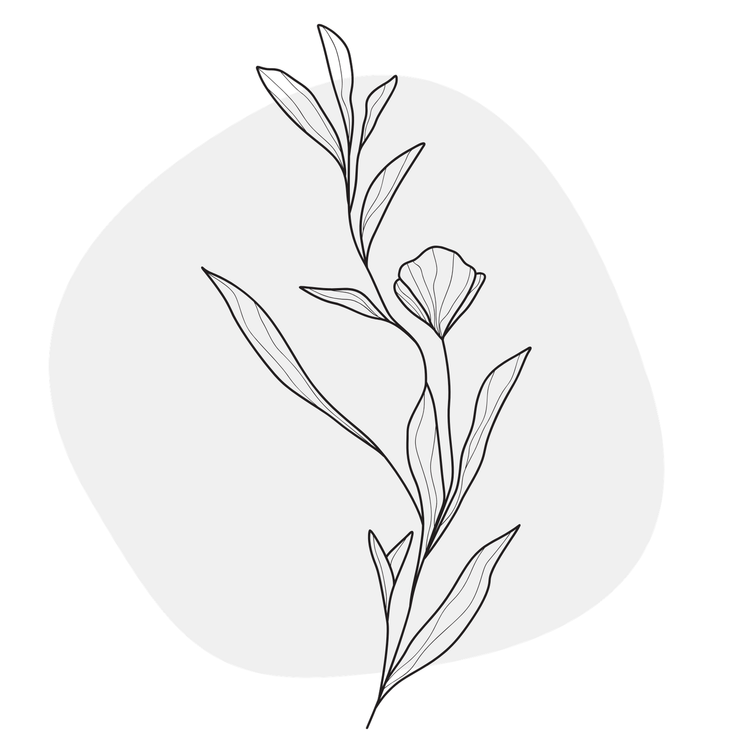 Minimalist line drawing of a single flower stem with leaves in a circular frame.