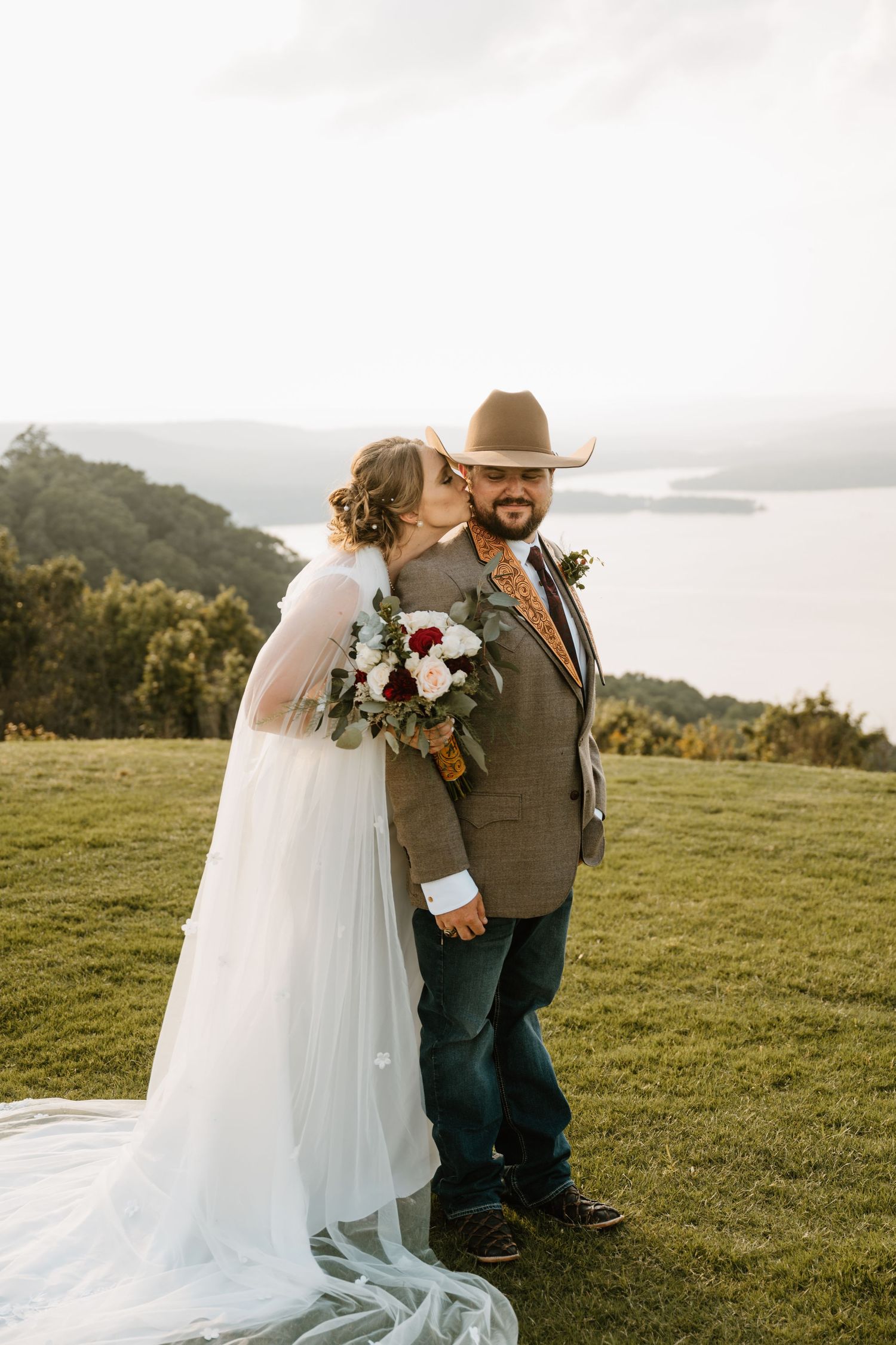 Intimate Western Wedding Couple Portraits at the Barn at Greers Ferry Wedding Venue Near a Lake in Arkansas