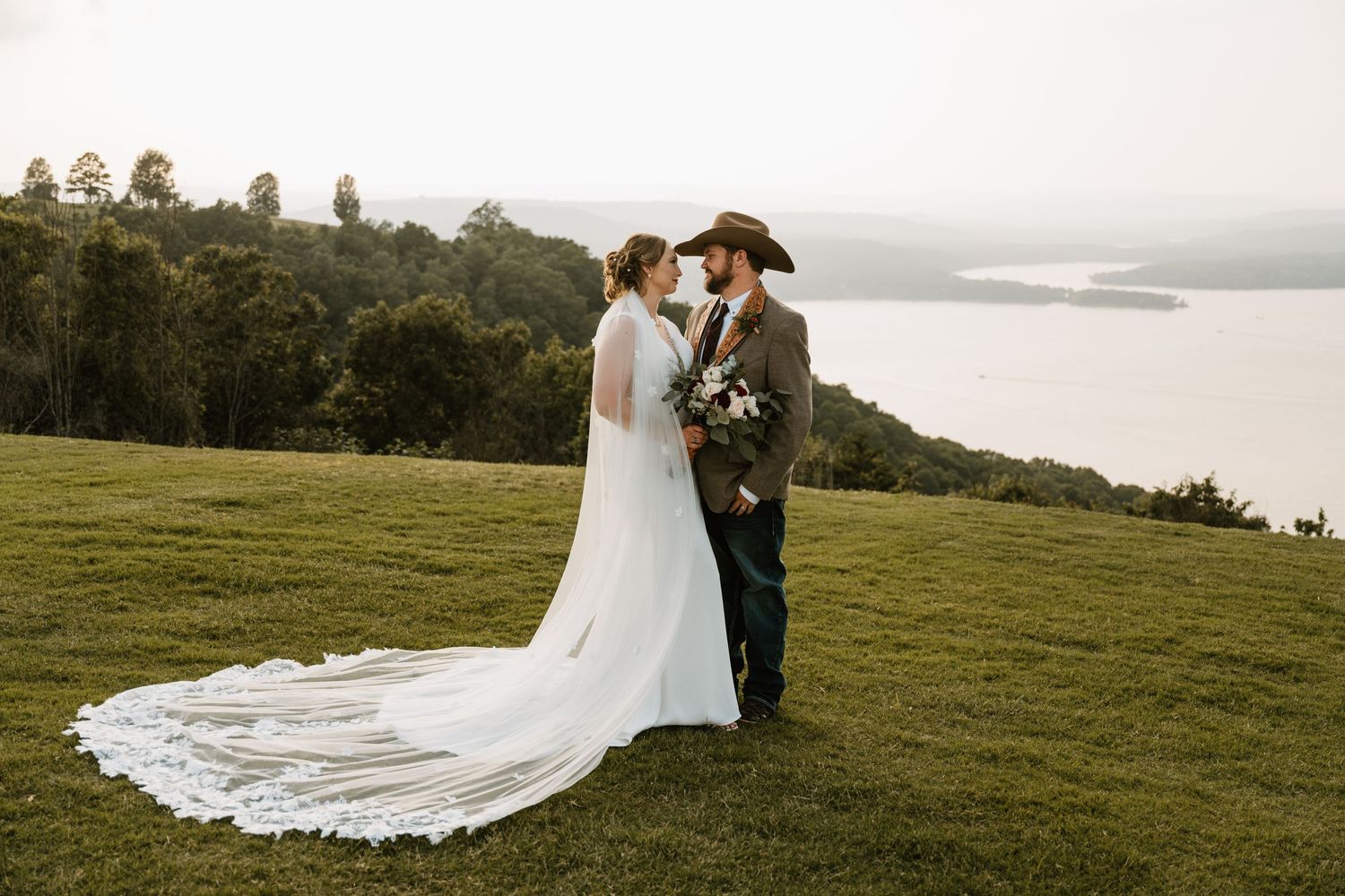 Intimate Western Wedding Couple Portraits at the Barn at Greers Ferry Wedding Venue Near a Lake in Arkansas