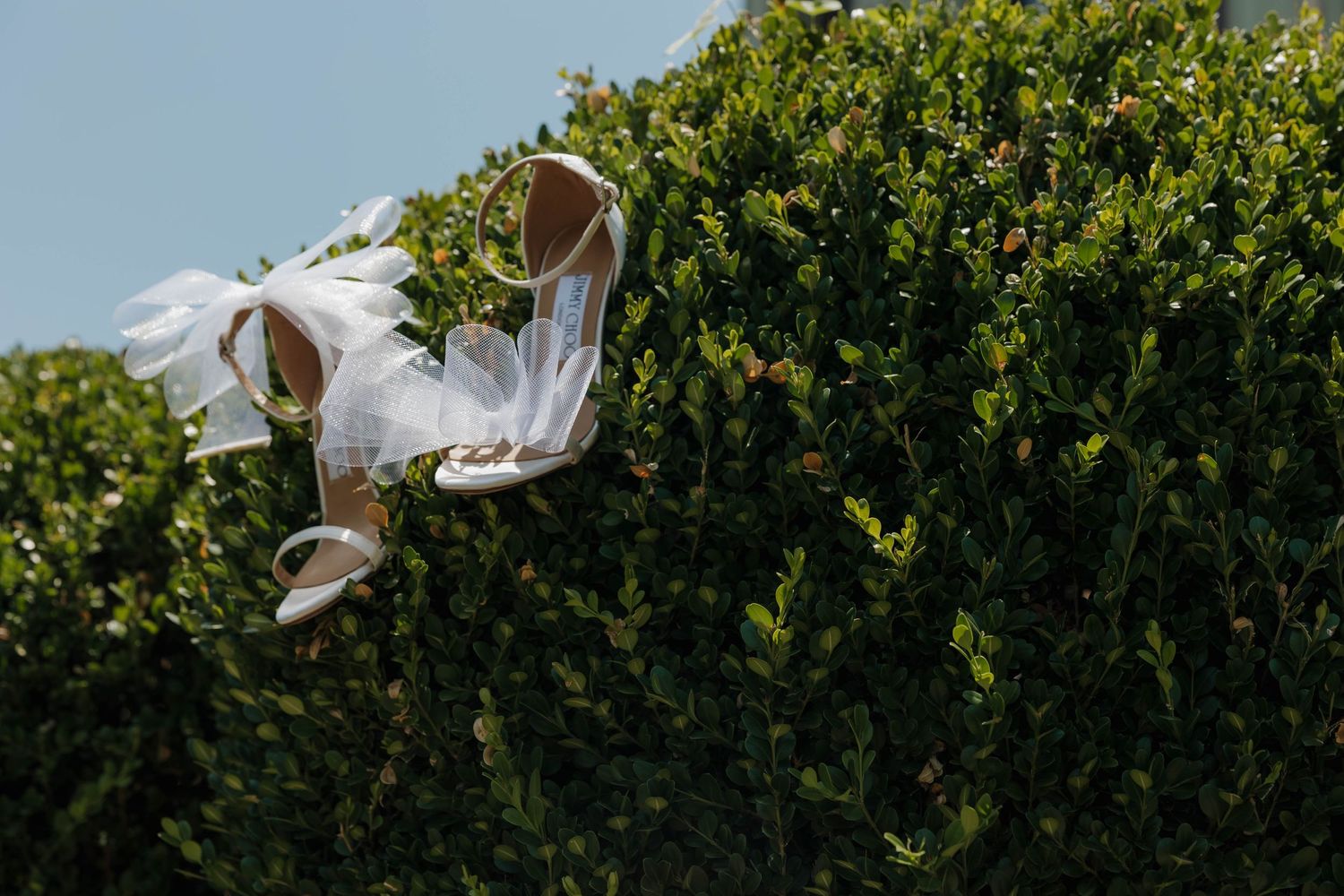 White wedding shoes hanging decoratively against lush green hedges in natural sunlight.