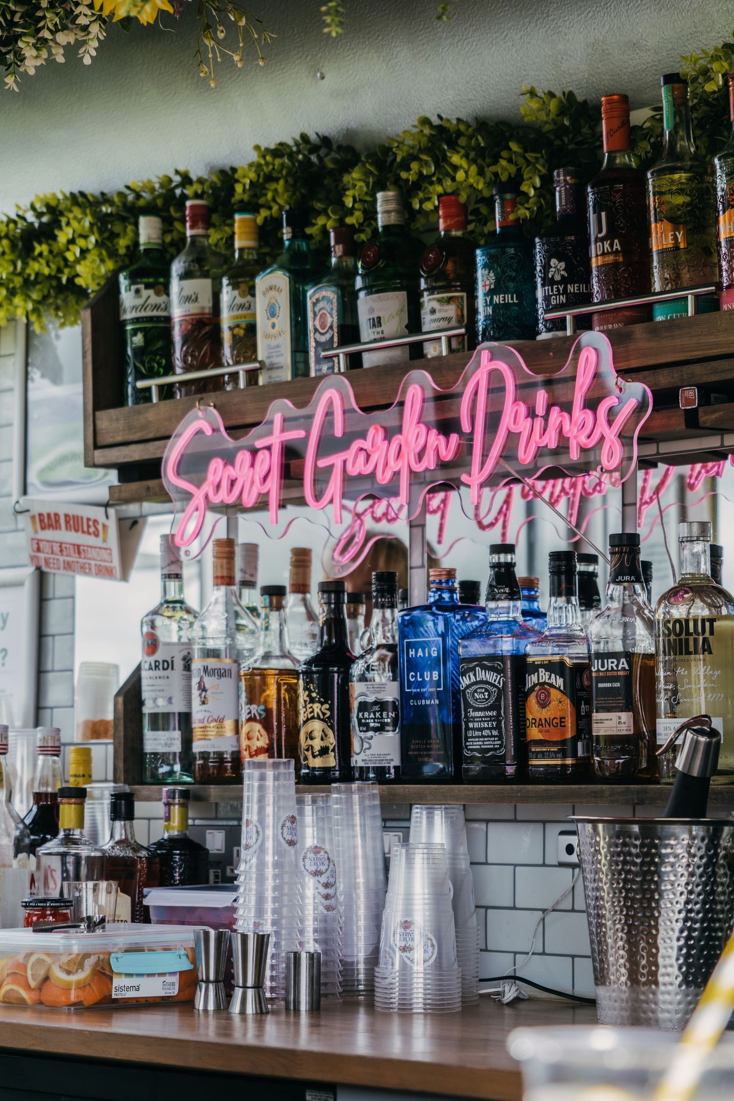 Bar display featuring rows of liquor bottles and a pink neon sign reading 'Can't Come Drink?' against a brick wall.