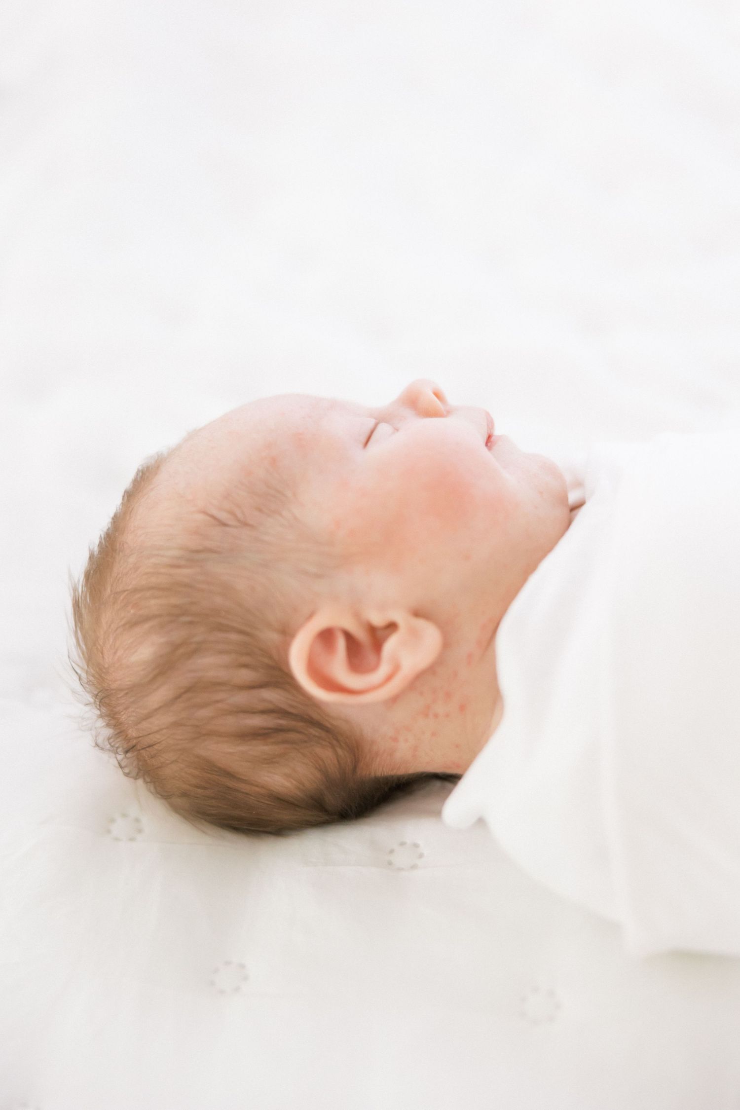 Sleeping newborn with soft features rests peacefully against white backdrop during professional photo session.