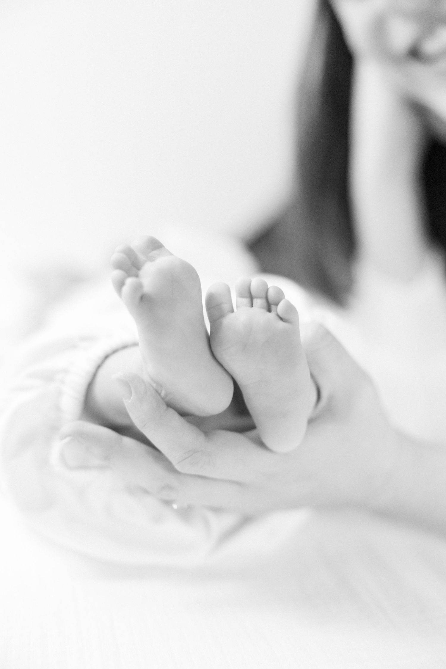 Close-up black and white photo of tiny newborn feet resting in gentle hands.