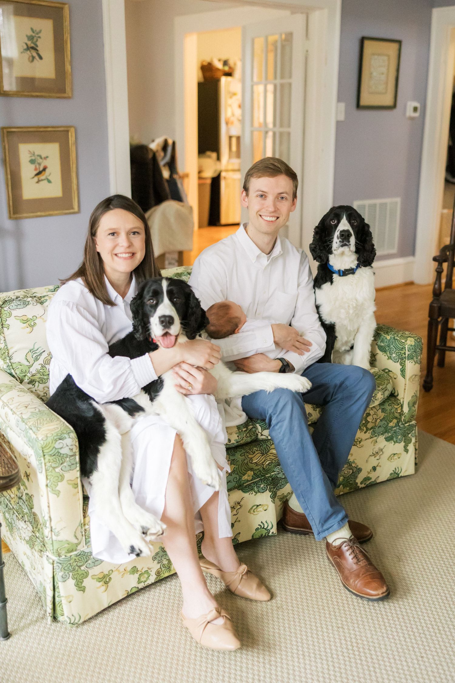 A couple sitting on a floral couch with their two black and white Springer Spaniel dogs in a bright living room.