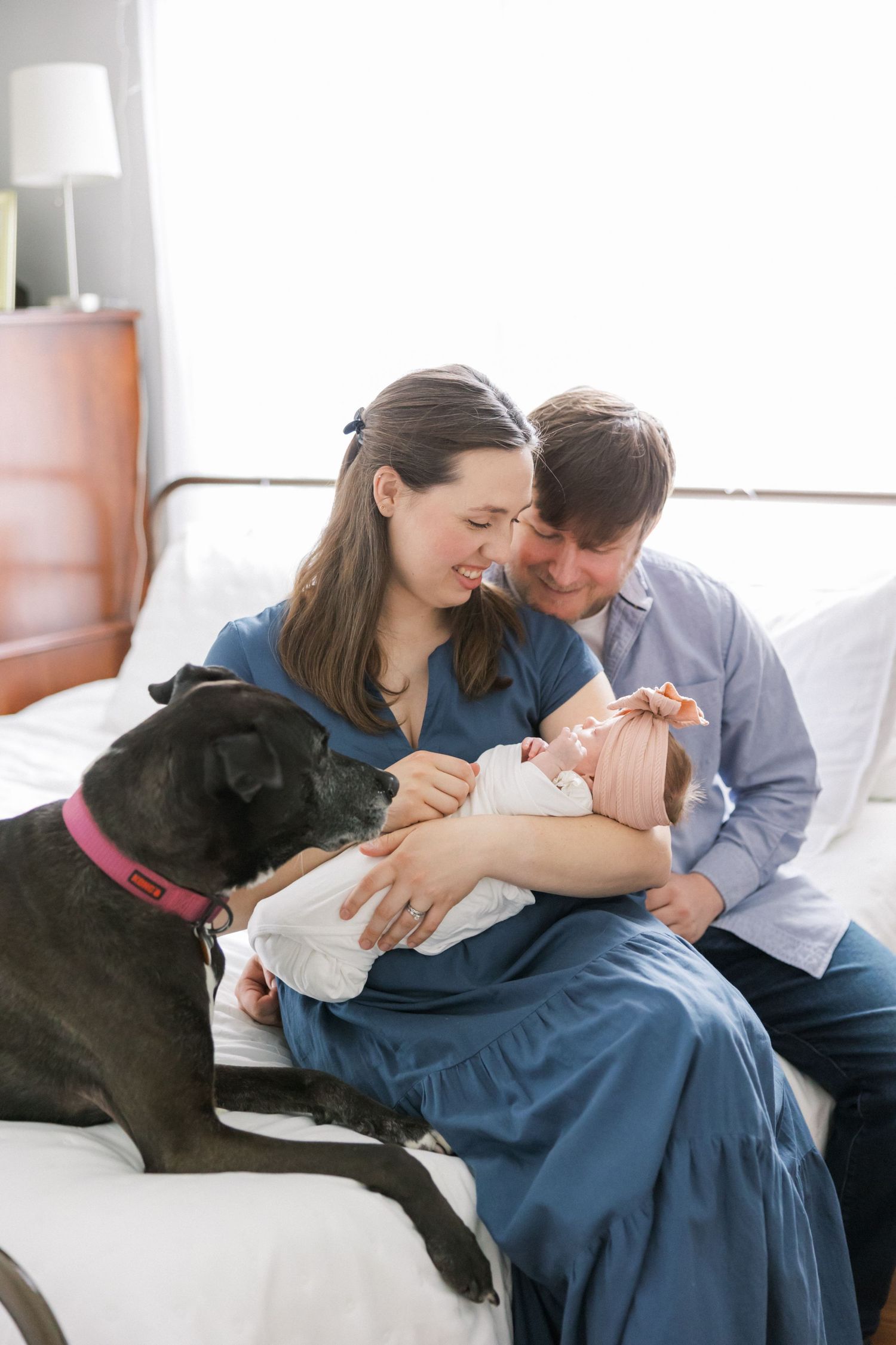 Family and pet dog share intimate moment with newborn baby on white bed.