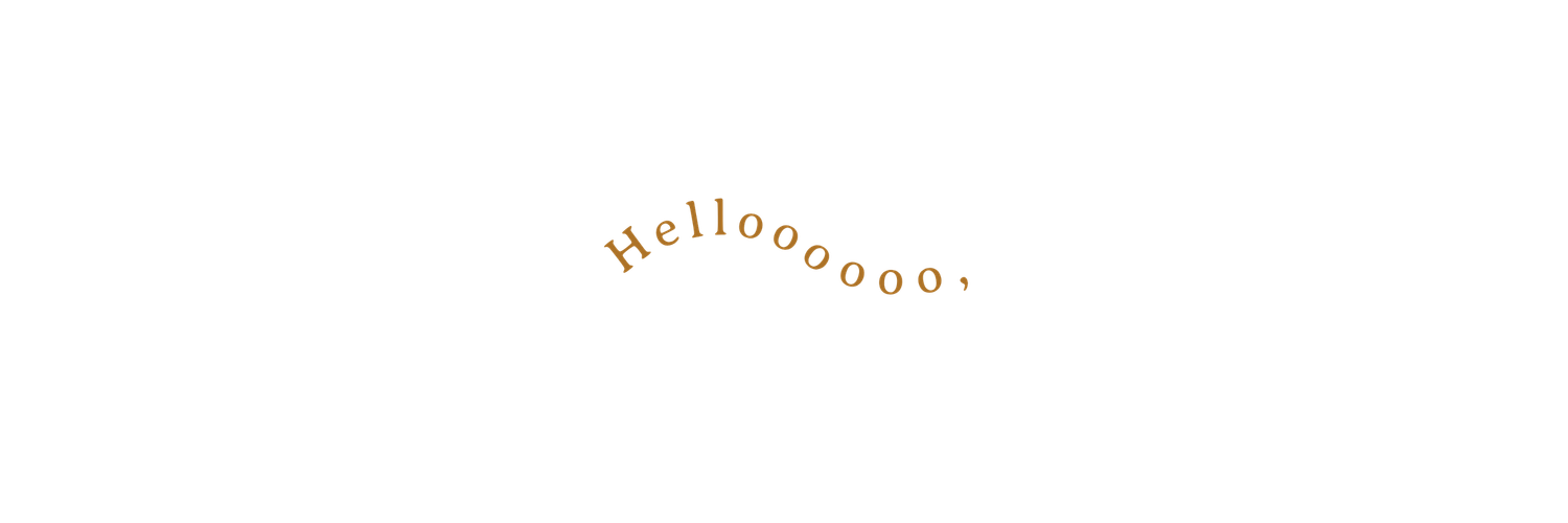 Curved orange text displays the word 'hellooooooo' in a minimal curved arc design on a white background.