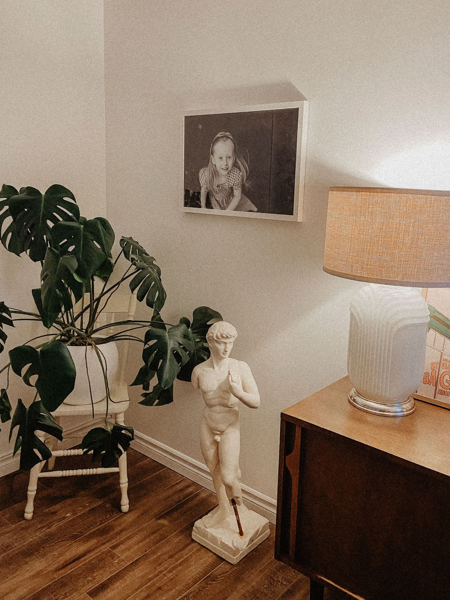 Coin cosy avec une plante monstera, une lampe de table et une statue décorative contre un mur neutre avec une œuvre encadrée.