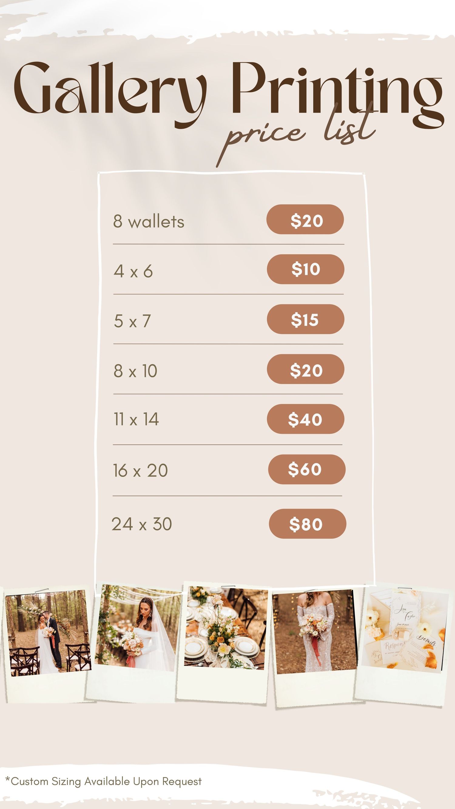Photography price list for gallery prints and wallets with sample photos displayed at bottom.
