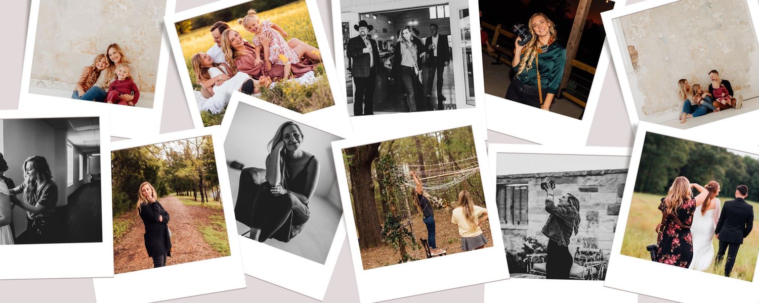 Collage strip of wedding and engagement photos in black and white style.