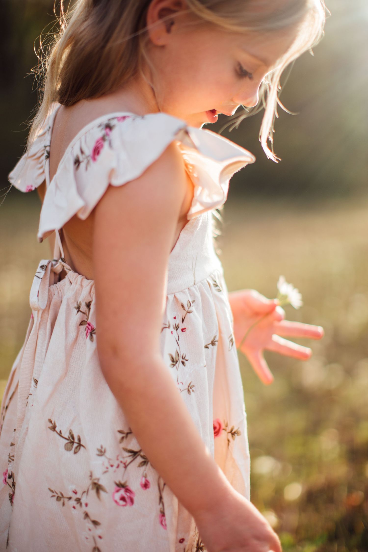 A young child in a floral summer dress stands in a sunlit meadow during golden hour.