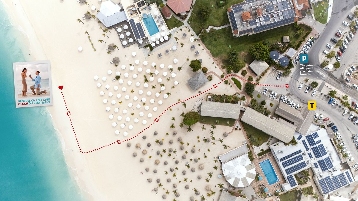 Aerial drone view of a luxury beachfront resort with turquoise waters, white sand beach, and palm trees in the Caribbean.